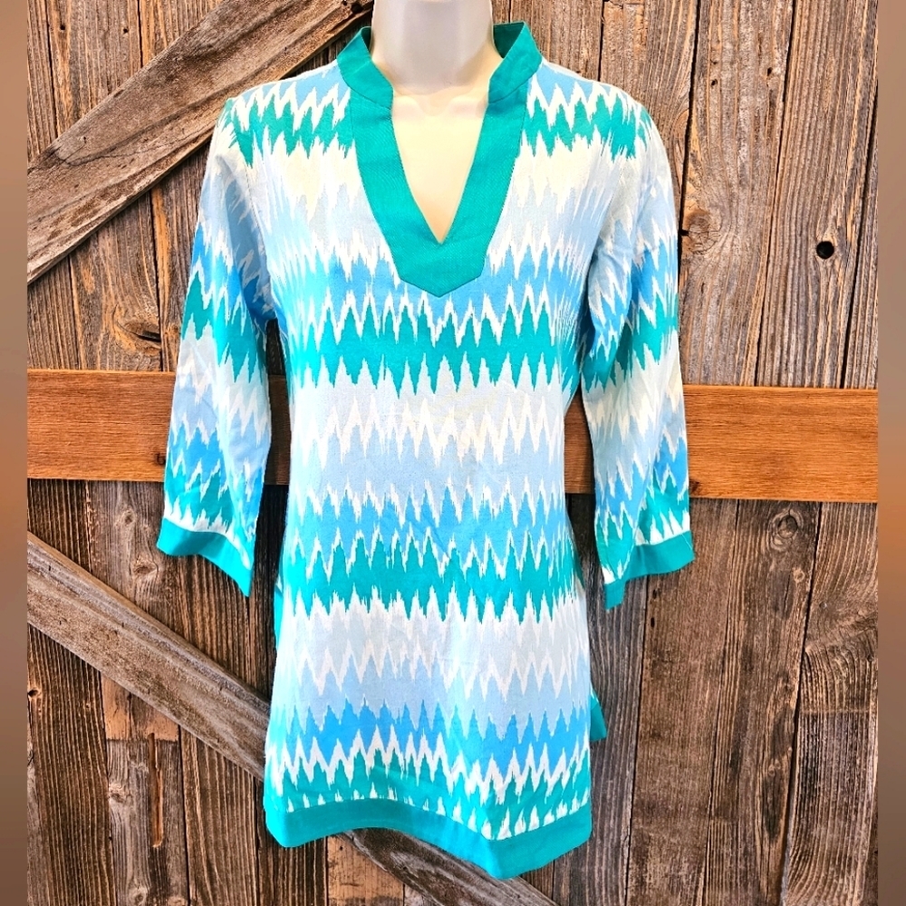 Annie Griffin Linen Blend Tunic Blouse Small Blue Geometric
